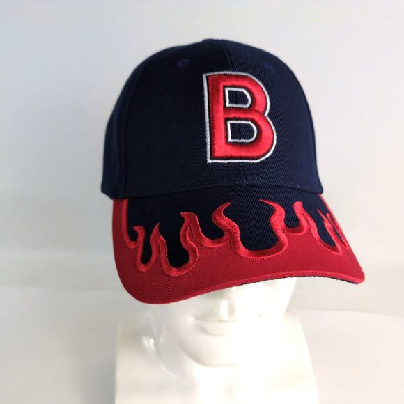 Boston "B" Embroidered Flames Navy Blue Men's Baseball Hat Ball Cap - Picture 2 of 6